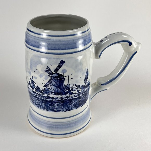 Vintage Delft Blue Beer Stein Mug Windmill Floral Hand Painted Ceramic 32 oz - Picture 1 of 16